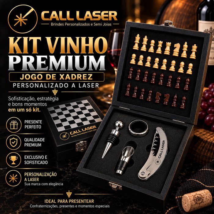 Kit vinho premium com jogo de xadrez